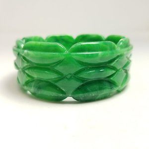 Vintage Wide Green Marbled Plastic Bangle Bracelet, Marquise Shape Design, 70s